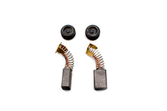 Two replacement electric motor carbon brushes with their black plastic caps and metal springs, arranged on a plain white background.
