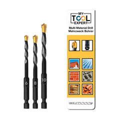 multi material drill bits with packaging on a white background