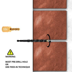 Brick wall with a drill bit and pre-drill hole warning label