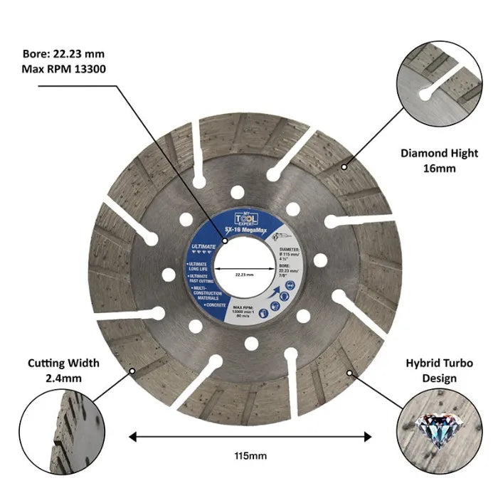 Diamond cutting disc with specifications labeled on a white background