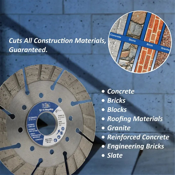 Disc wheel for cutting construction materials with a blue background and inset showing various materials.