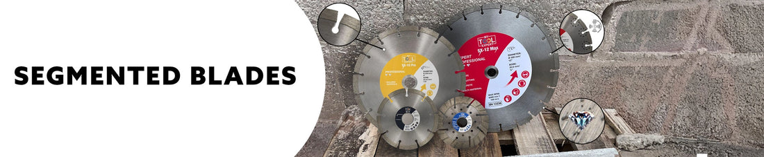 Segmented diamond saw blades with branding on a textured background