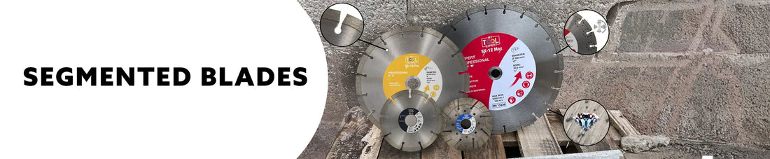 Segmented diamond saw blades with branding on a textured background