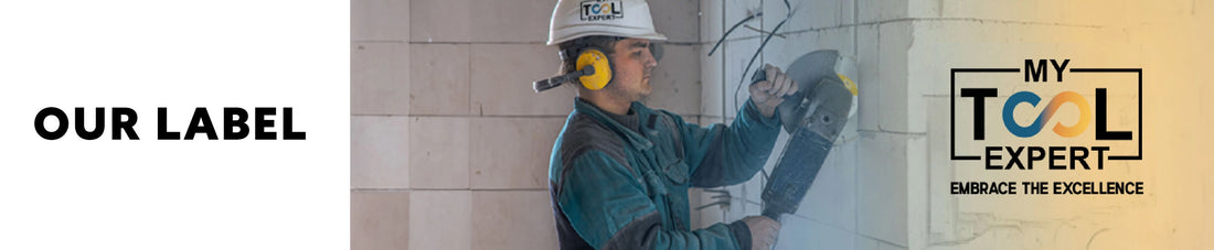 Person wearing a hard hat and ear protection, working on a wall with 'My Tool Expert' branding.