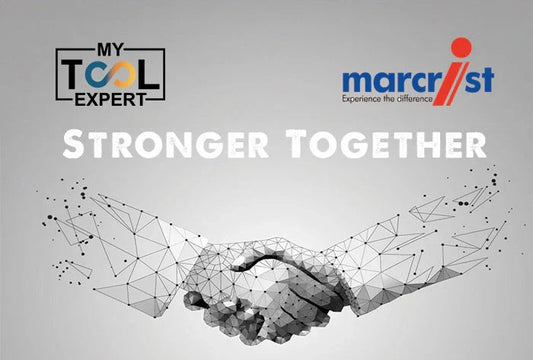 Digital illustration of two hands shaking made from geometric lines and dots, symbolizing partnership. Above the handshake are the logos of 'My Tool Expert' on the left and 'Marcrist' with the slogan 'Experience the difference' on the right.