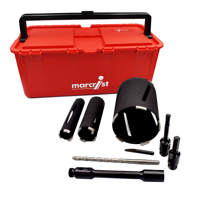 Marcrist DCU550 dry diamond core drill kit in a red case with adaptors