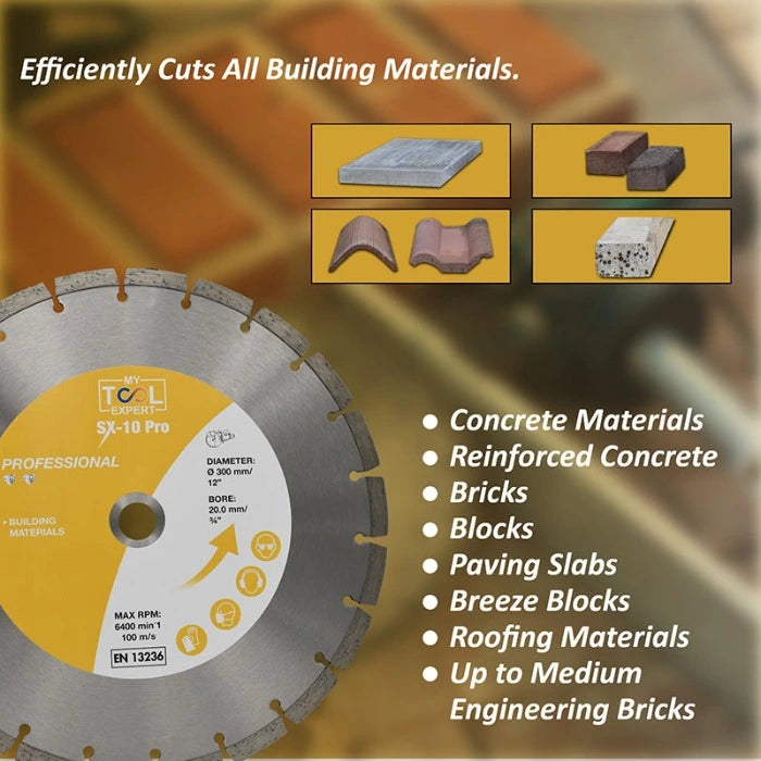 segmented diamond cutting blade with text and images of building materials on a blurred background