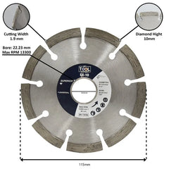 Diamond cutting disc with specifications labeled on a white background