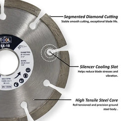 Diamond cutting blade with labeled features on a white background