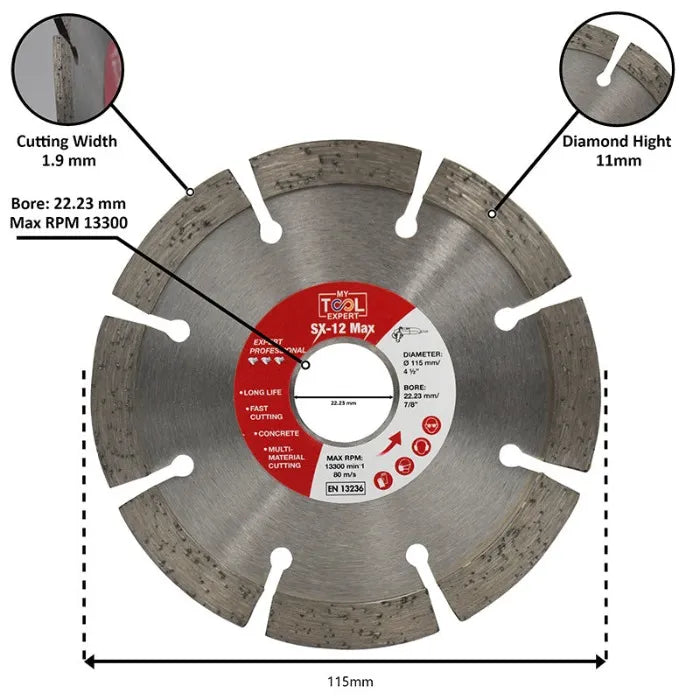 Diamond cutting blade with specifications labeled on a white background