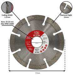 Diamond cutting blade with specifications labeled on a white background