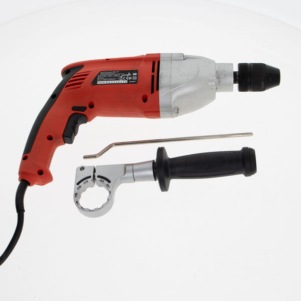 A red and silver cordless drill driver shown with a black extension cord, a metal mounting wrench, and a small Allen key on a plain white background.