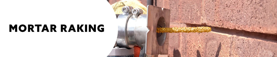repointing brickwork tool being used on a brick wall with text 'MORTAR RAKING'.