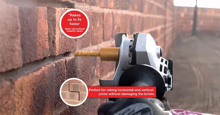 mortar rake drill bit attached to an angle grinder