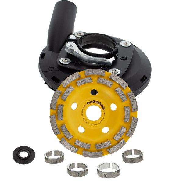 Concrete grinding kit: 125mm dust shroud with diamond cup wheel and collar adapter rings